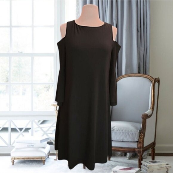 RALPH LAUREN Black Cold Shoulder Flowy Bell Sleeve Dress- Size 12 - Picture 4 of 15